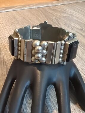 Vintage Mexico Silver-Tone Statement Bracelet with Black Onyx
